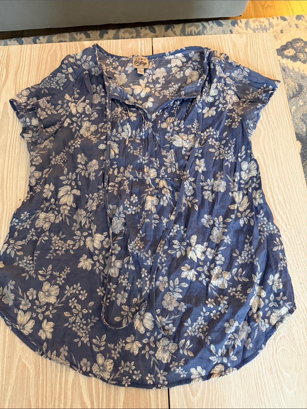 Como Vintage Navy Blue Floral Tie-Front Blouse